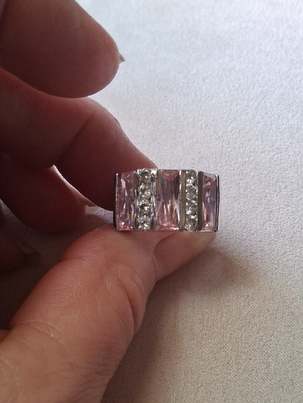 Silver Ring with Pink Baguettes and Clear Accent Stones